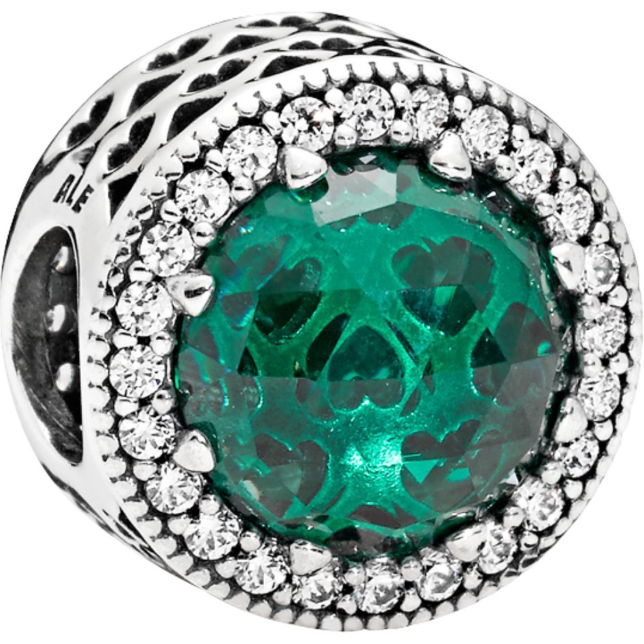 Green Radiant Hearts Silver Charm w Sea Green Crystals & CZ