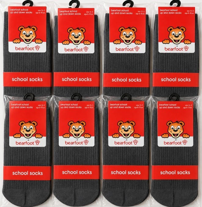 8-Pack BEARFOOT Grey School Socks – Up & Down Style age 8-10yrs/Size 13-3,