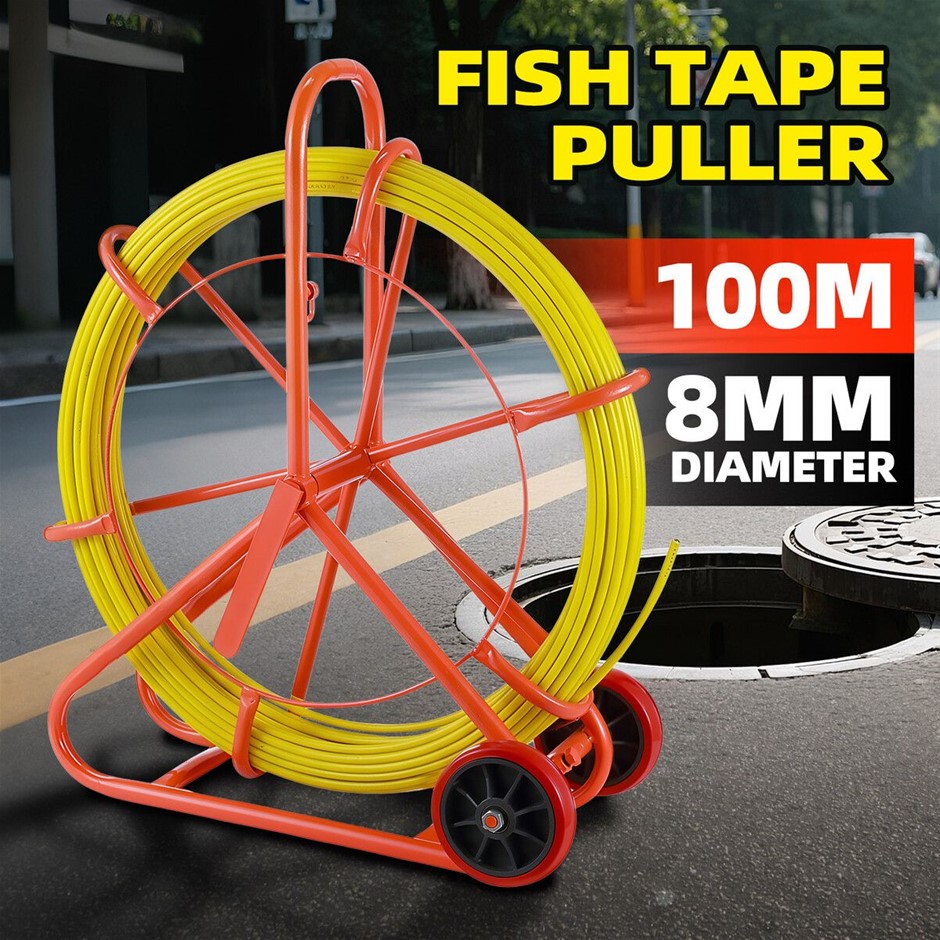 100mx8mm Fibreglass Duct Rodder Fish Tape Puller with Wheels & Brake Handle