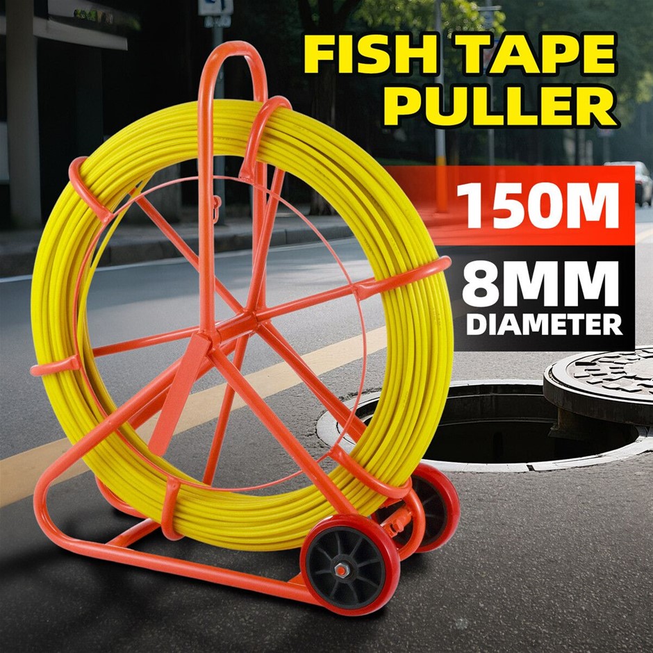 150mx8mm Fibreglass Duct Rodder Fish Tape Puller with Wheels & Brake Handle