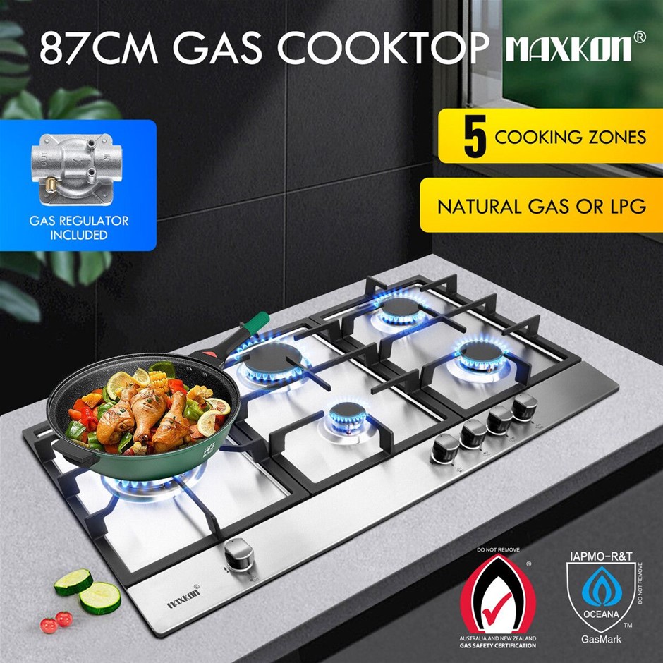 Maxkon 87cm 5 Burner Gas Cooktop LPG NG Stainless Steel Surface