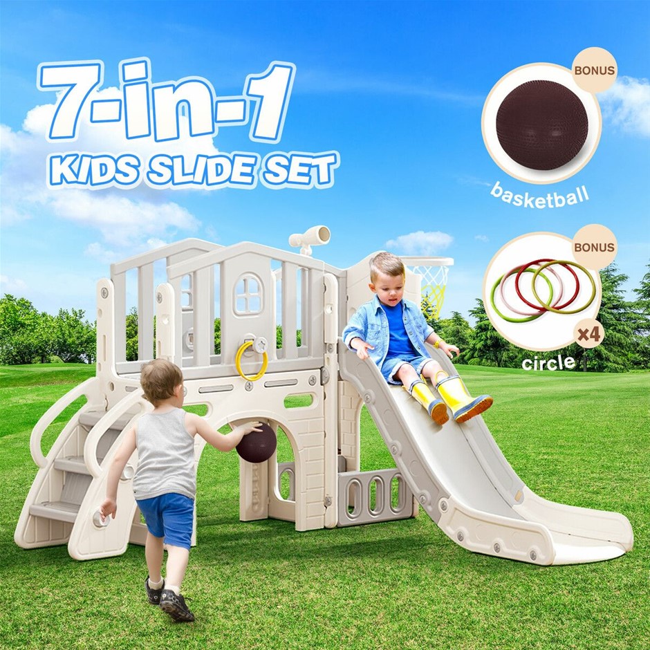 7 in 1 Kids Slide Playset Basketball Hoop Telescope Tunnel Ring Toss