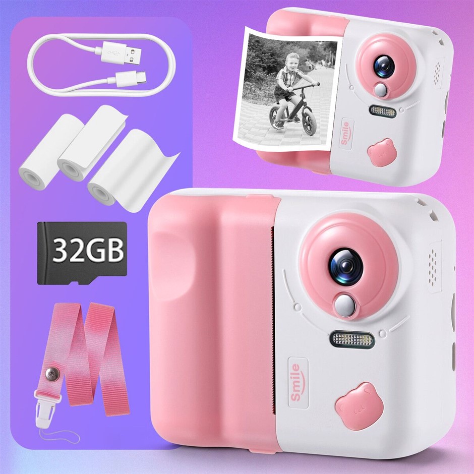 Kids Instant Camera 1080P HD Video Selfie Photo Printer 32GB SD Card - Pink