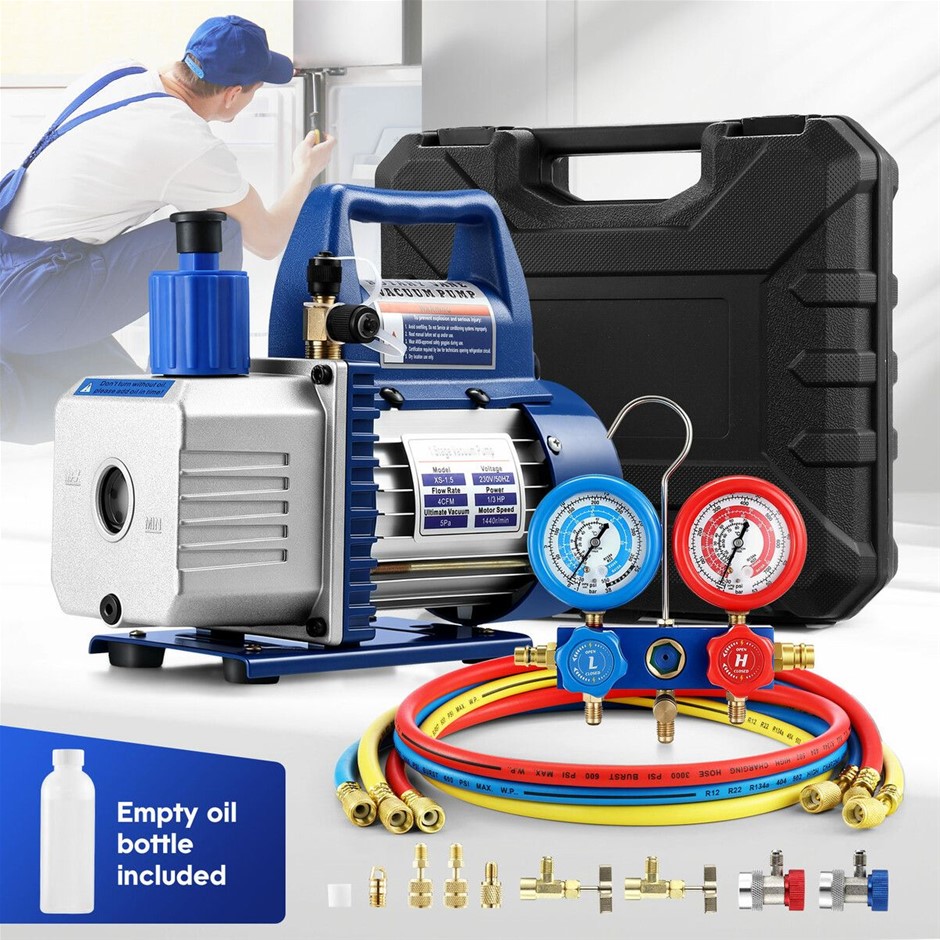 4CFM Vacuum Pump Set 1/3HP 1 Stage R134A R410A with Manifold Gauges