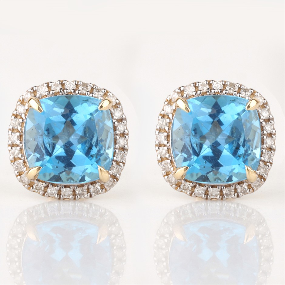 Yellow Gold Natural Swiss Blue Topaz & Diamond Earrings with IGI valuation