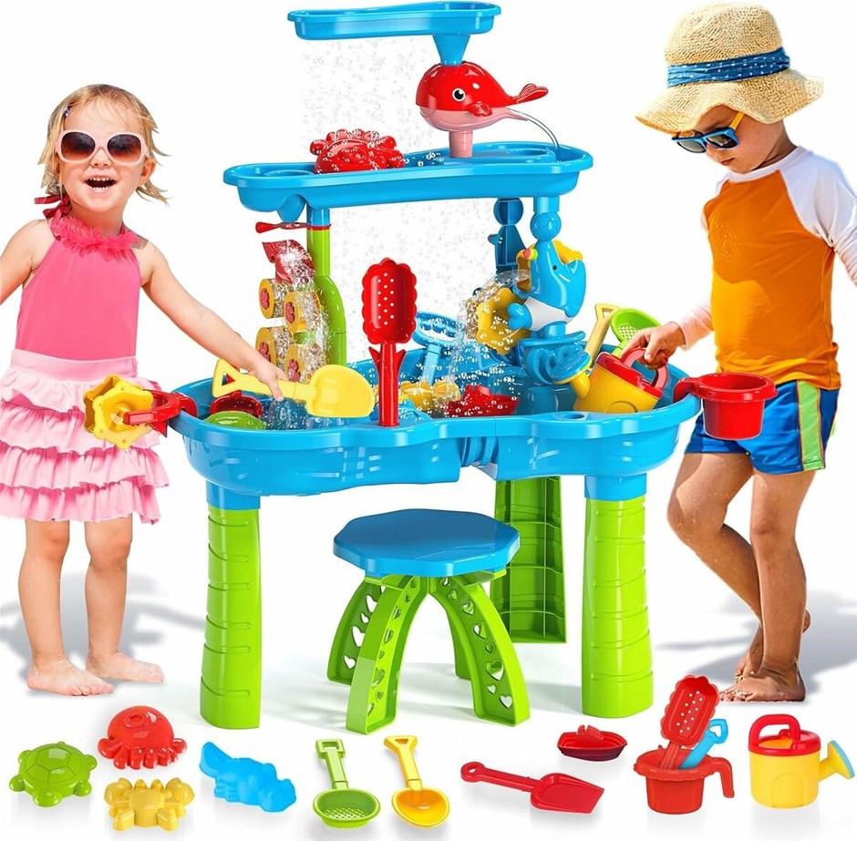 Kids 3-Tier Sand & Water Table Outdoor Play Set with Water Wheel & Shovel