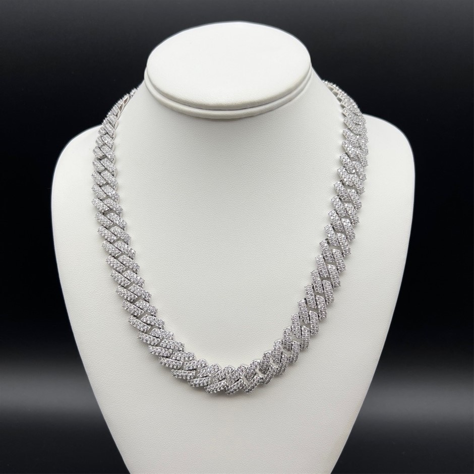18K White-Filled Cuban Chain Necklace with AAA Cubic Zirconia's - 60.9cm
