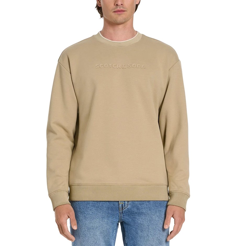SCOTCH&SODA Men's Embossed Crew Sweatshirt, Size XL, 55% Cotton, Tan Beige.