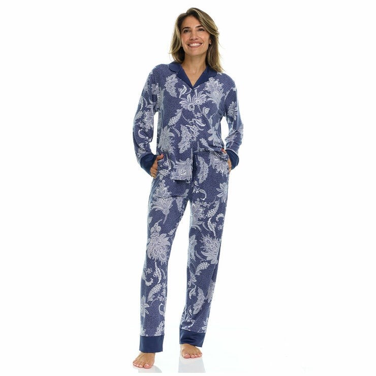 FLORA NIKROOZ Women's Satin Trim PJ Set, Size L, Navy. NB: 1x button missin