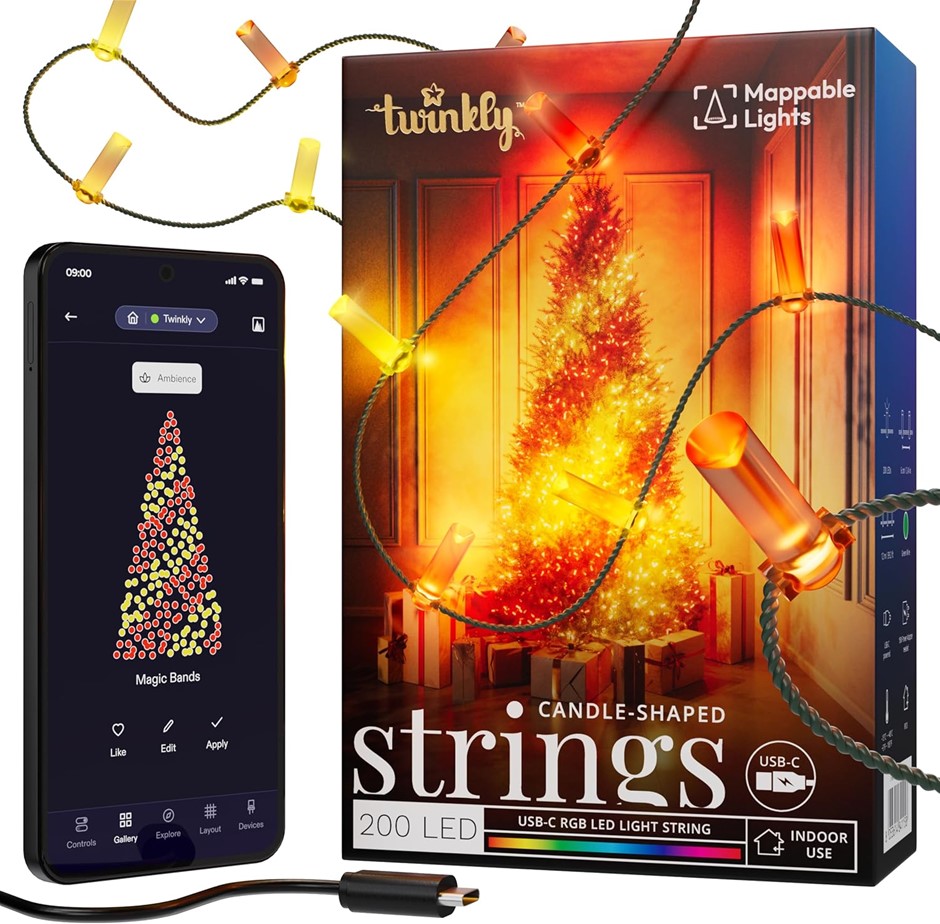 Twinkly Strings AUB-C – 200 Candle-Shaped RGB LEDs, Green Wire, AUB-C