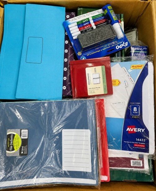 BOX OF ASSORTED OFFICE & STATIONERY SUPPLIES: Folders, Binders, Markers, Pa
