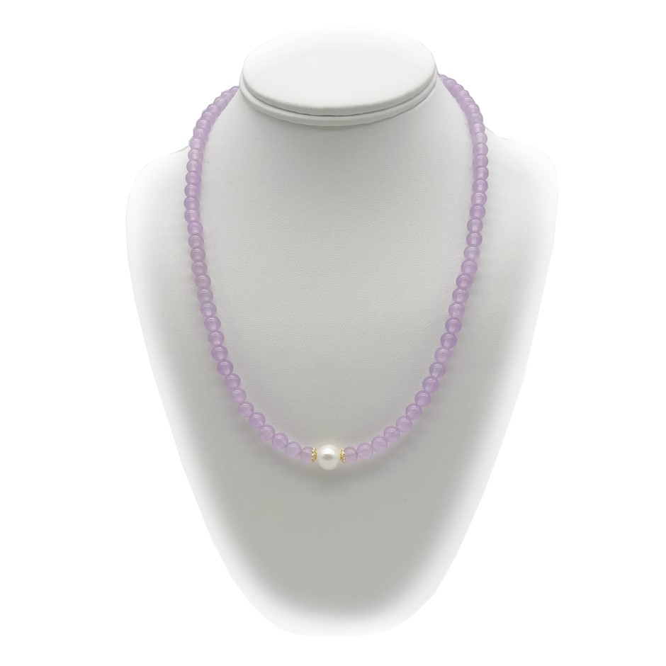 10mm White Pearls with Lilac Malaysia 'Jade' Quartz Gemstone Necklace