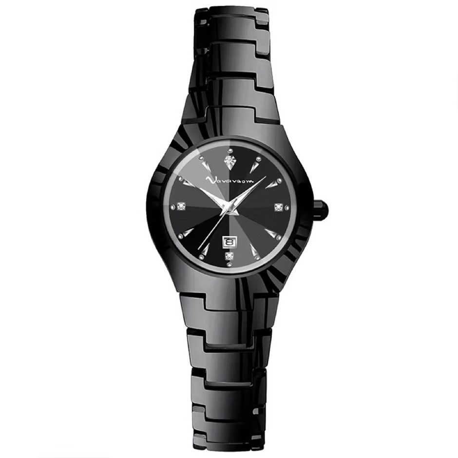 Women's Crystal Encrusted Luxe Quartz Watch with Metal Strap - Black