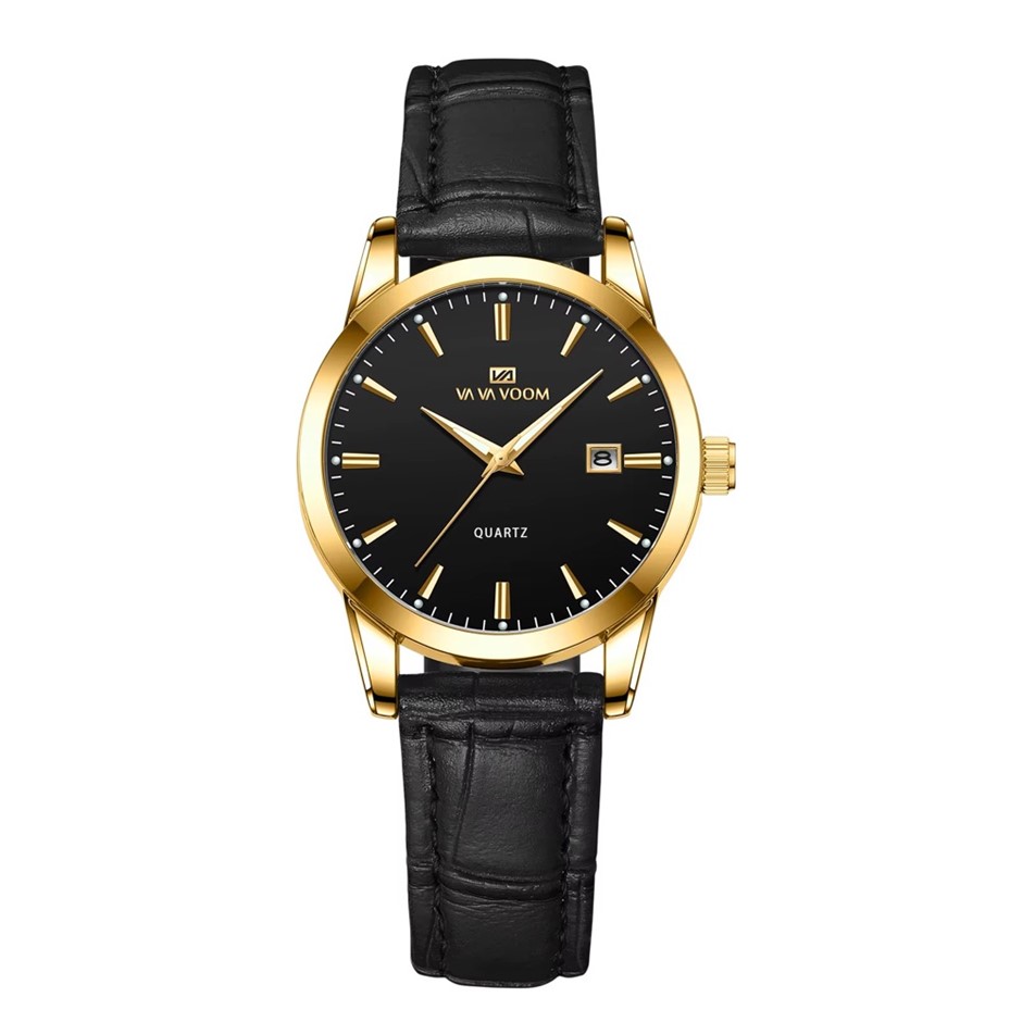 Classic Women's Quartz Watch with Leather Strap - Black/Gold