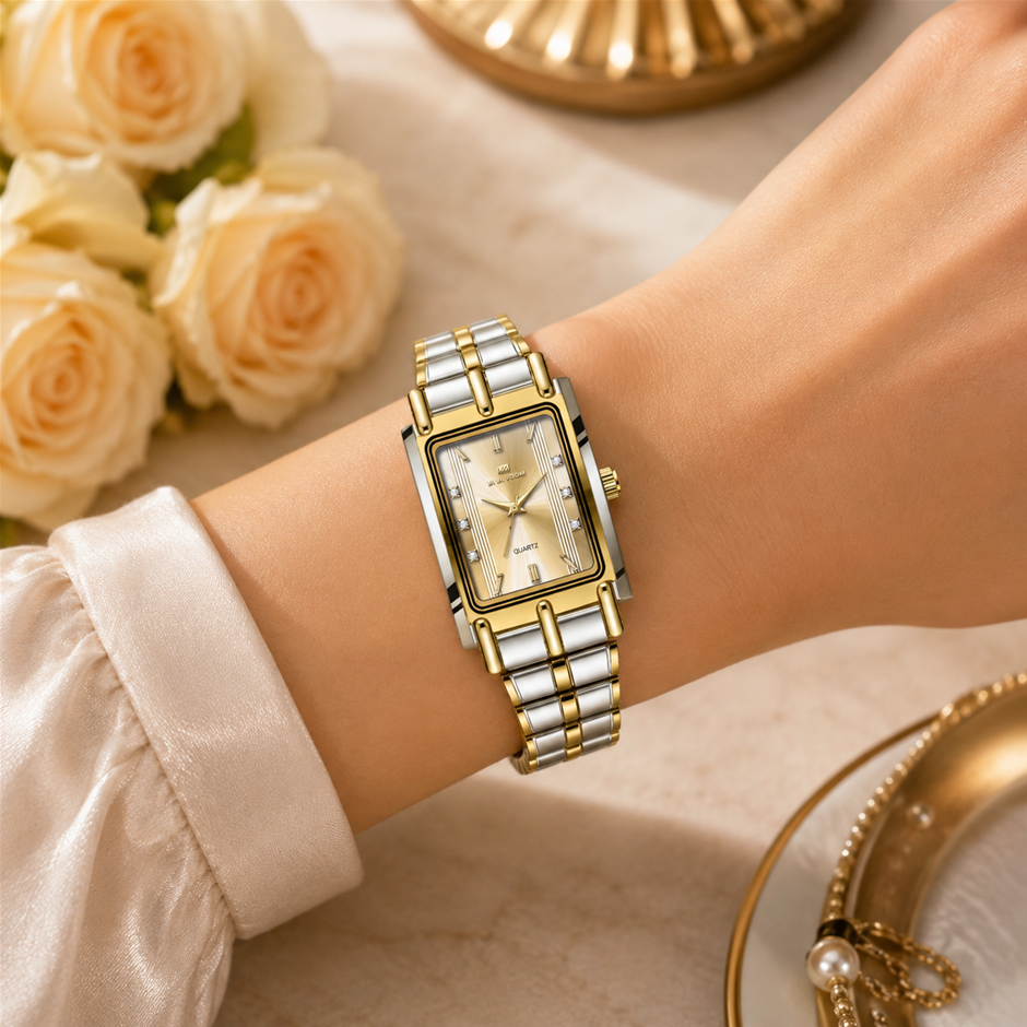 Women's Rectangle Stainless Steel Band Quartz Watch - Gold/Silver