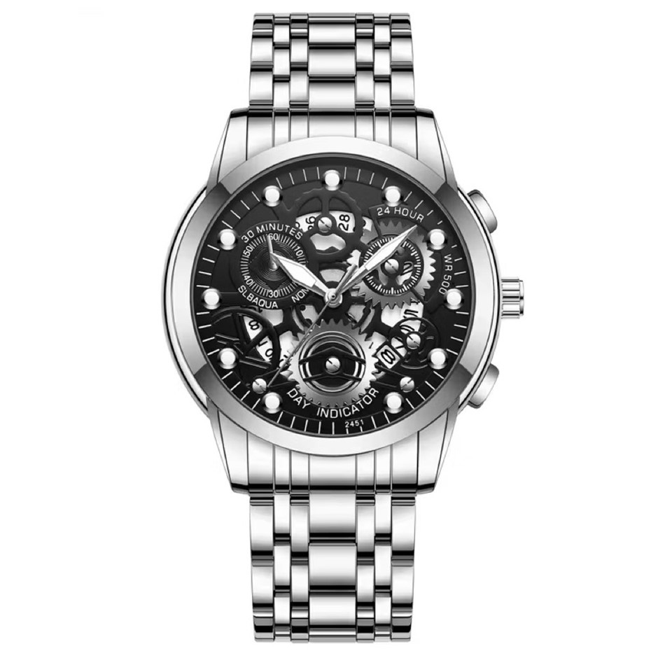 Men's Quartz Watch, Skeleton Design & Mechanical Style, Silver/Black