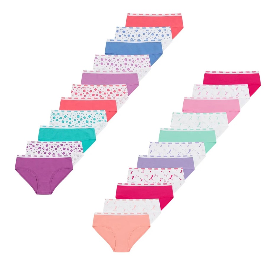 10 x PUMA Girls' Bikini Underwear, Size US L, 95% Cotton Blend, Assorted Co