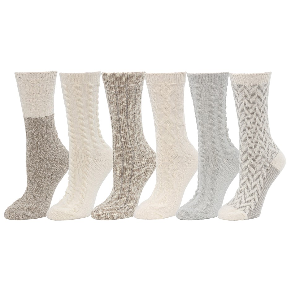 6 Pairs x BEARPAW Women's Boot Socks, Shoe Size 4-10, Light Combo (Ivory).