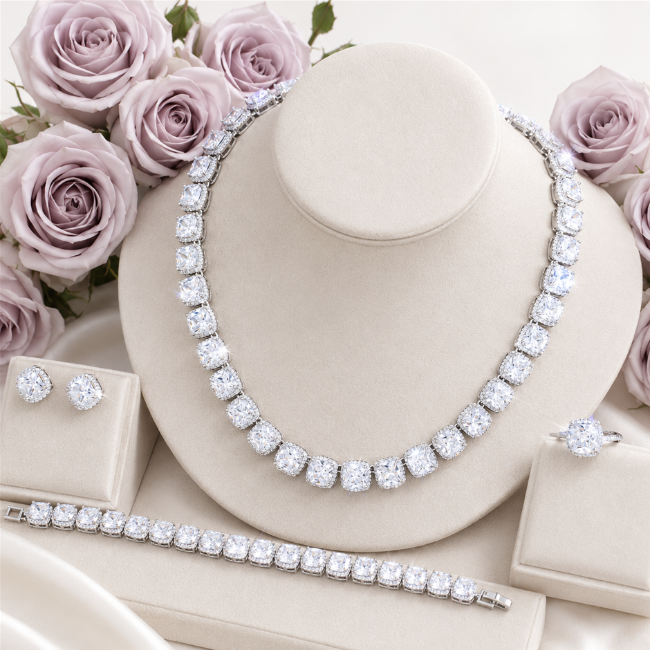 Sparkling Square Rhodium Plated AAA+ Cubic Zirconia Jewellery Set