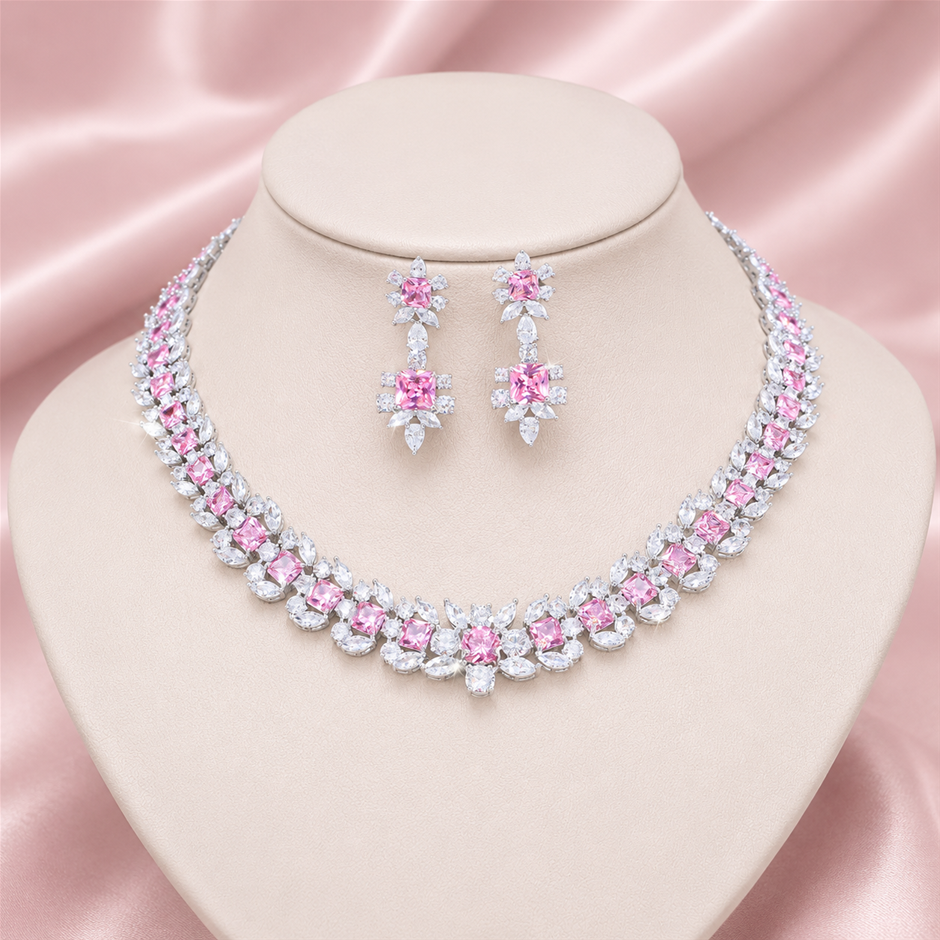 AAA+ Cubic Zirconia Square Leaf Tennis Link Jewellery Set