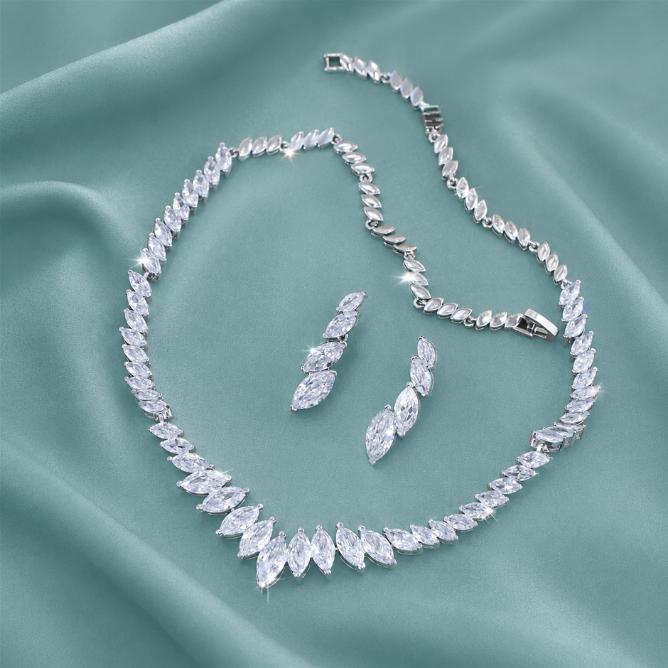 Marquise Cut AAA+ Cubic Zirconia Necklace and Earrings Jewellery Set
