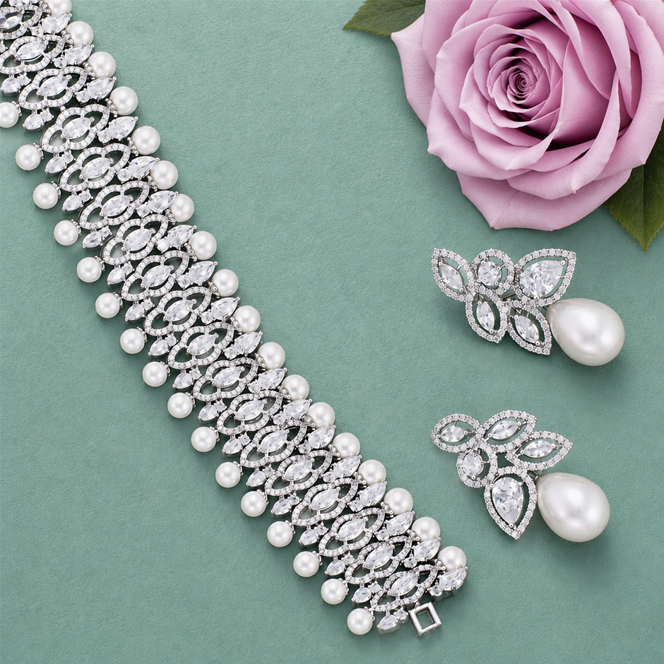 AAA+ Cubic Zirconia and Faux Pearl Chocker Style Jewellery Set