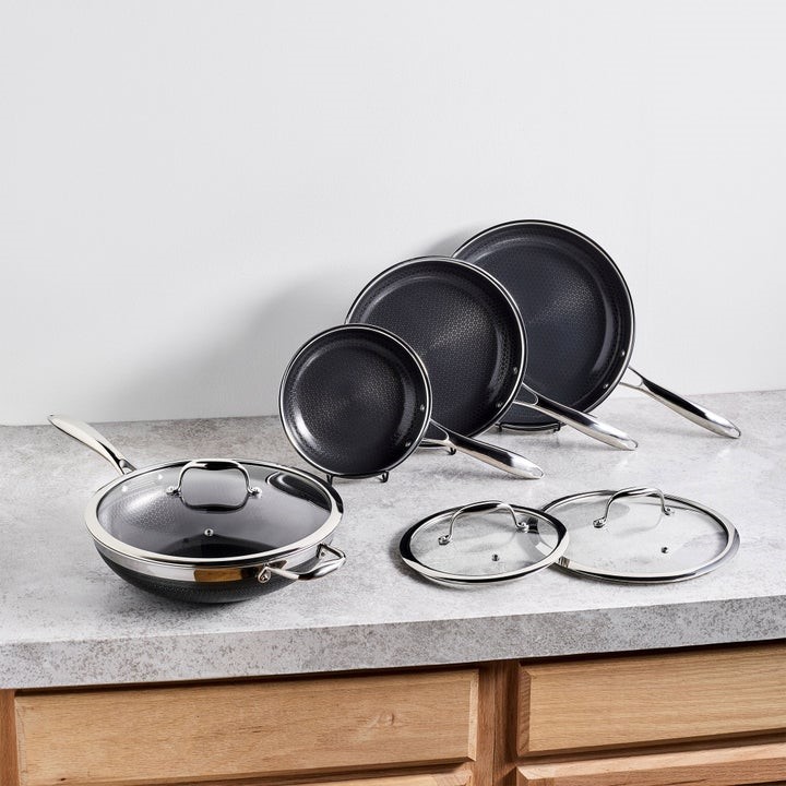 NEOFLAM 2pc Stainless Steel Frypan & Wok Set. NB: Minor use.