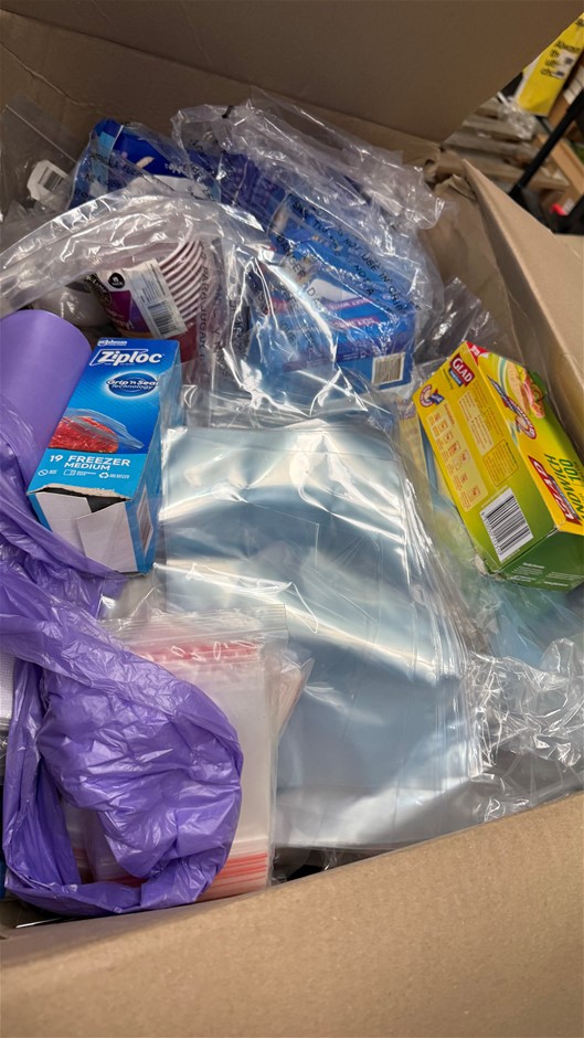 Assorted Box of Household Items incl: Clear bags, rubbish bags, ziploc bags