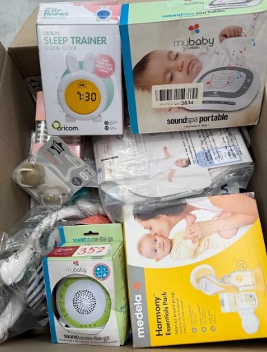 Assorted Box of Baby Items incl: Baby Bottles, Breast Pump, Sleep Trainer C