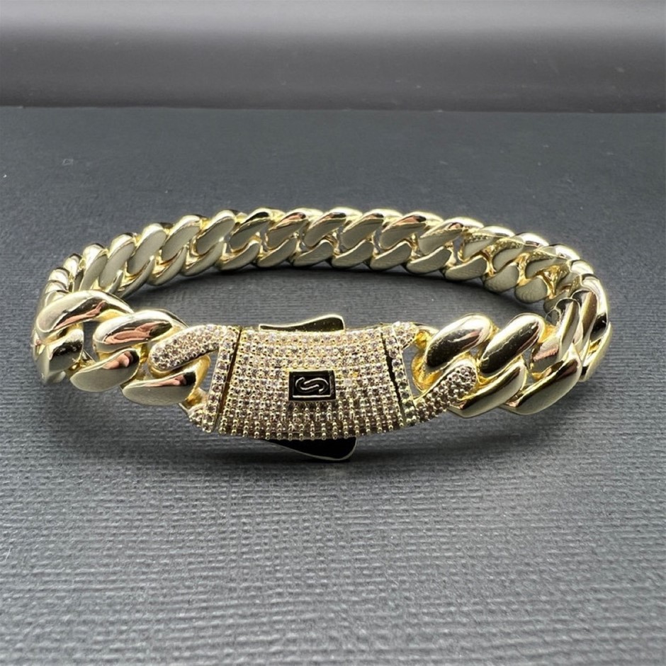 14K Gold-Filled Solid Cuban Bracelet, AAA+ Cubic Zirconia,10MM Wide-22.8cm