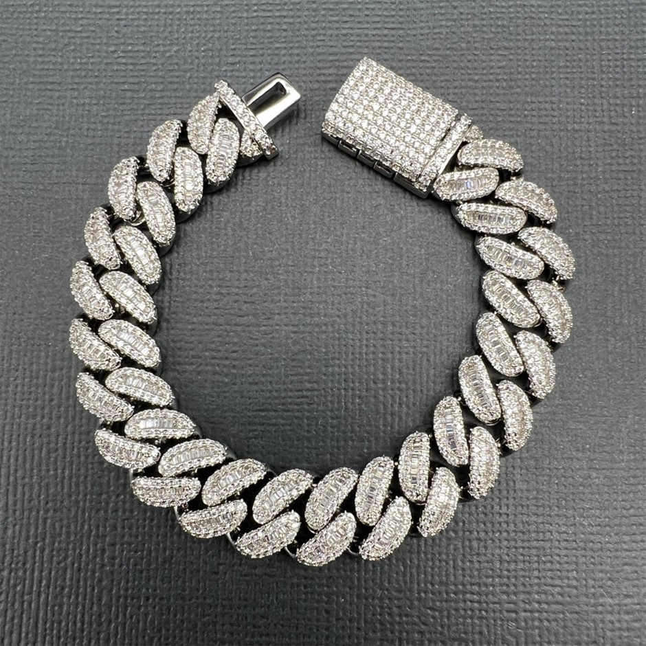 18K White-Filled Cuban Chain Bracelet with AAA+ Cubic Zirconia - 20.3cm