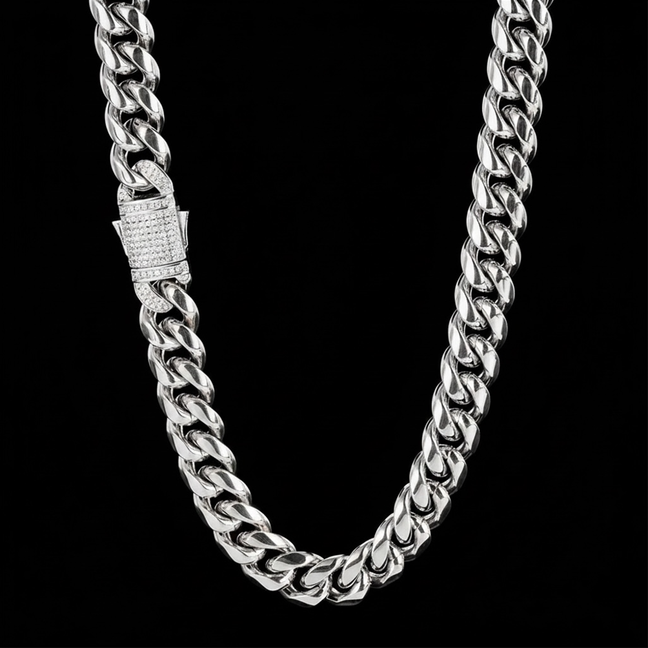 Silver-Filled Cuban Chain Necklace with AAA+ Cubic Zirconia - 10MM-50.8cm
