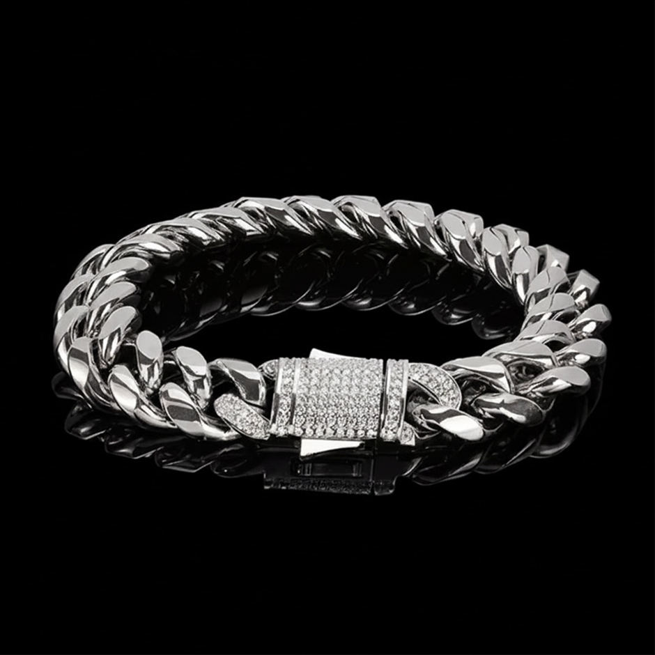 Silver-Filled Cuban Chain Bracelet with AAA+ Cubic Zirconia - 10MM-19cm