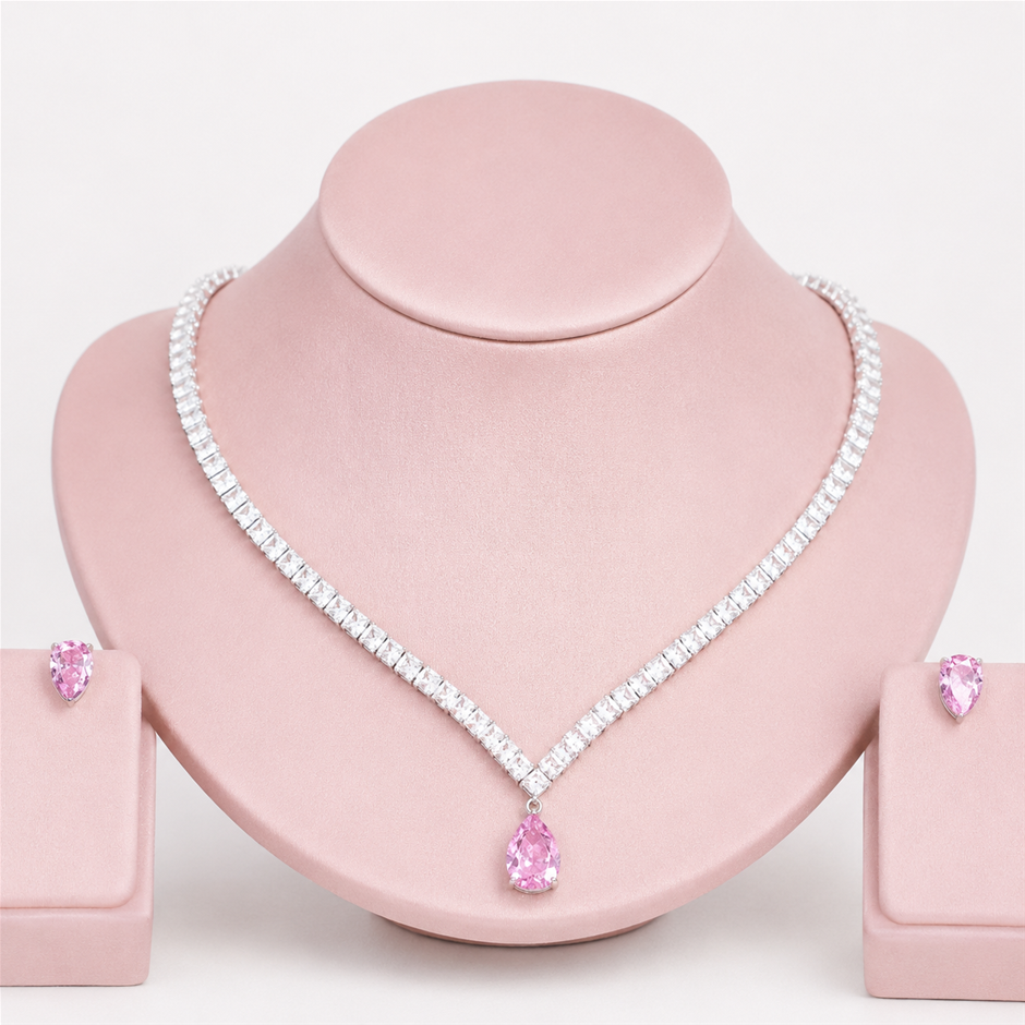 Elegant AAA+ Pink Cubic Zirconia Necklace and Earrings Jewellery Set