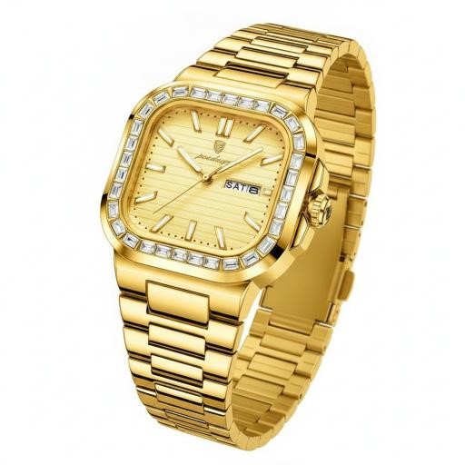 POEDAGAR Men's Gold-Tone Watch with Simulated Diamond Bezel & Gift Box