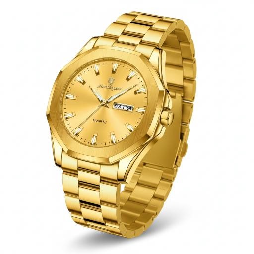 POEDAGAR Men's Gold-Tone Day Date Stainless Steel Watch with Gift Box