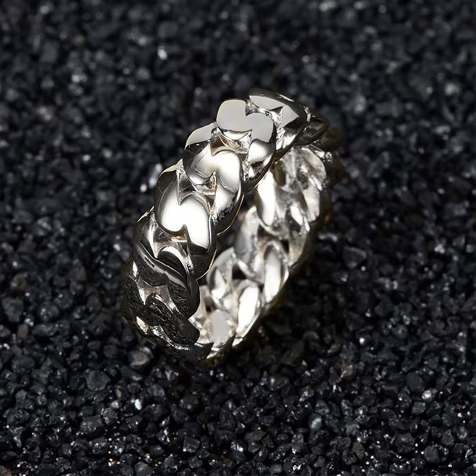 18K White Gold-Filled Cuban Style Link Ring - Size 7