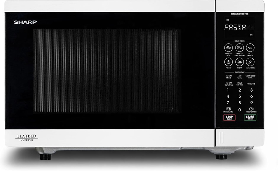 Sharp SM327FHW 32L Flatbed Microwave, 1200W Inverter, White, No-Turntable C