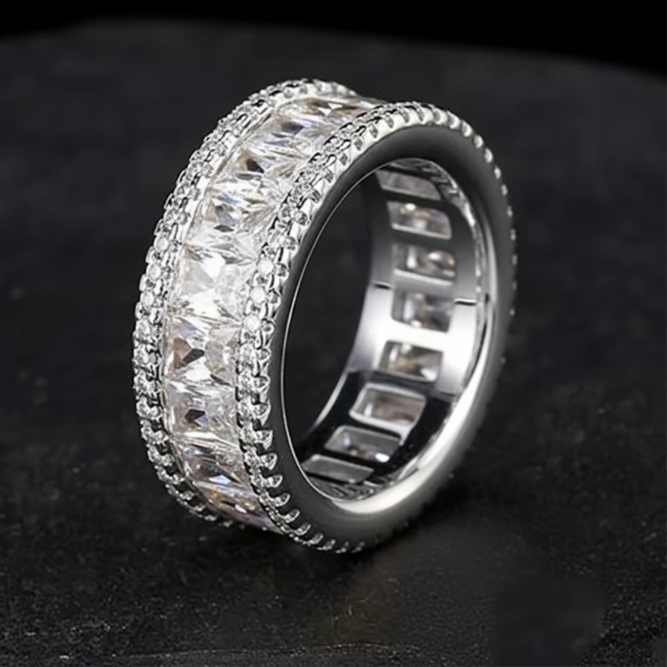 18K White-Filled Cuban Ring with AAA Cubic Zirconias - Size 10