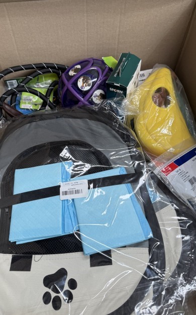 Assorted Box of Pet Items, incl: Toys, Leashes, Crate and more. NB: Items