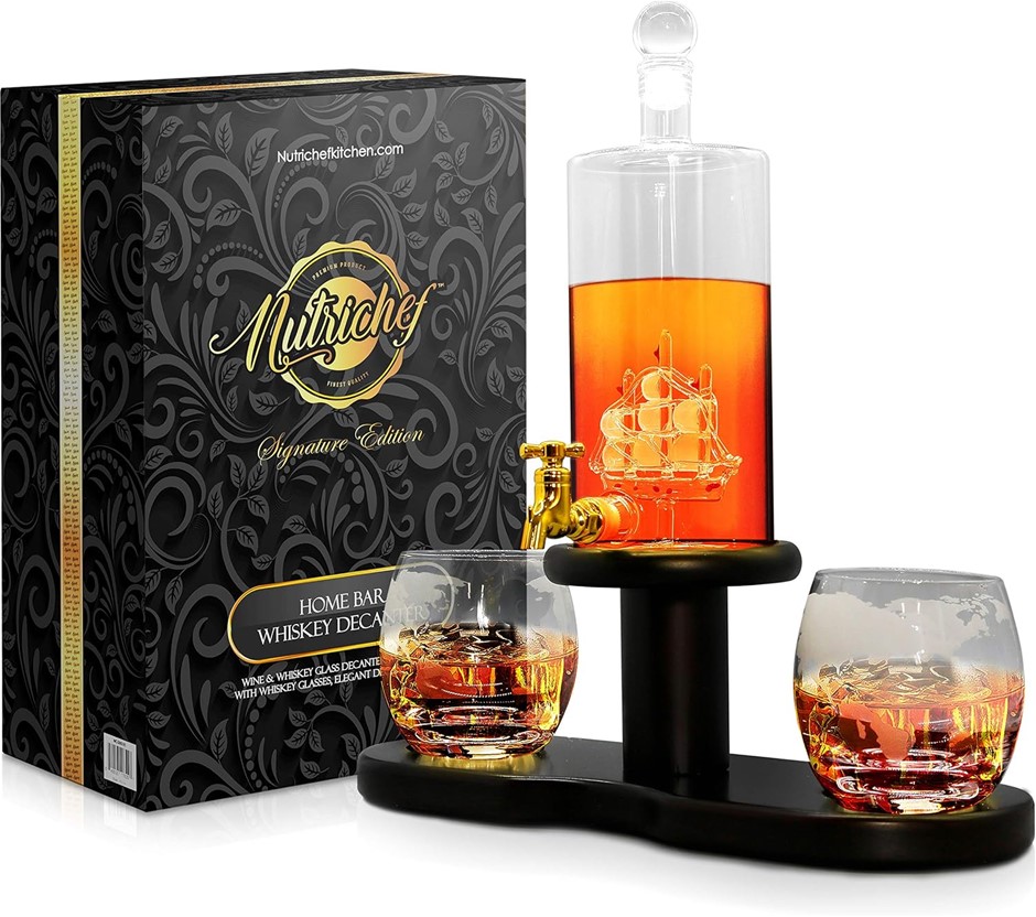 NutriChef Glass Whiskey Decanter - 780ml Barrel Whiskey Carafe Alcohol Deca