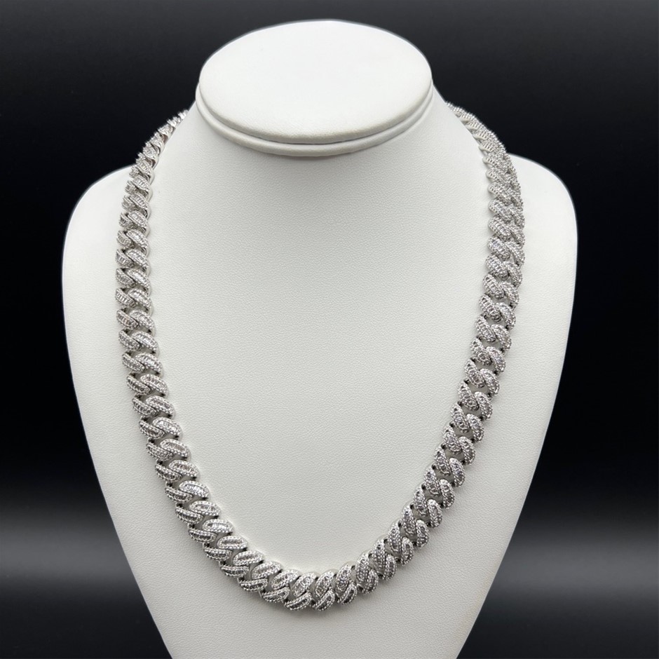 18K White-Filled Cuban Chain Necklace with AAA Cubic Zirconias - 55.8cm