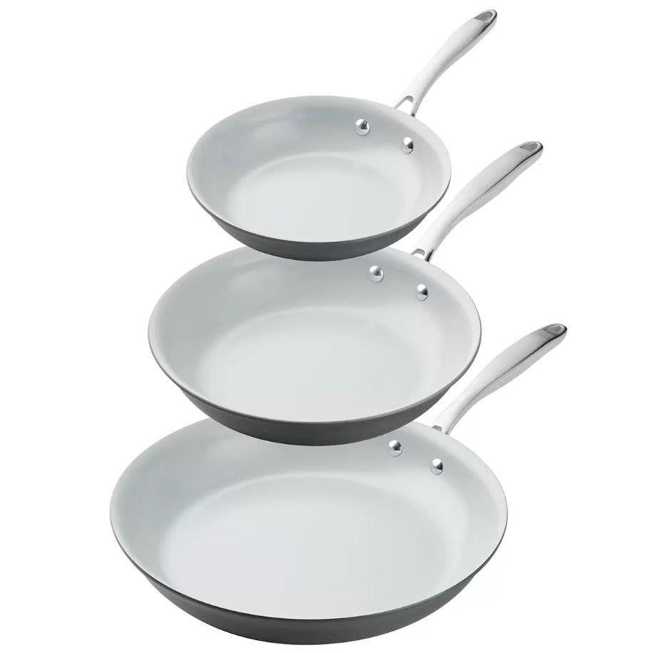 2 x TRAMONTINA Hard Anodised Frypan 3 Piece Set, White. NB: Well used, not