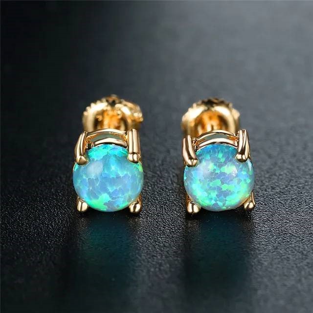 Designer Simulated Blue Opal Round Stud Earrings in Gold