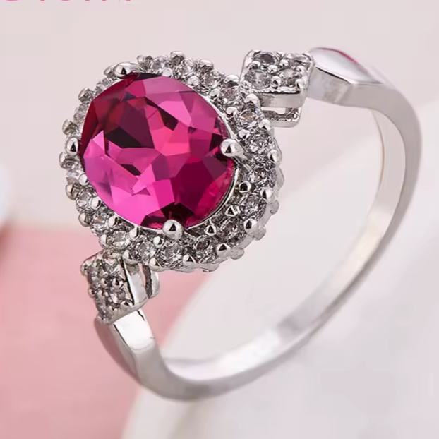 Designer Simulated Diamond Pink Statement Oval Ring in Silver - US Size 7