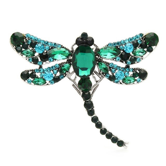 Designer Simulated Diamond Green, Blue & Black Classic Dragonfly Brooch Pin