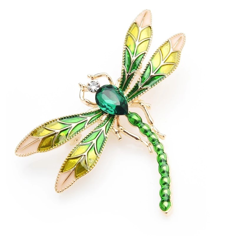 Designer Simulated Diamond Green & Gold Dragonfly Brooch Pin