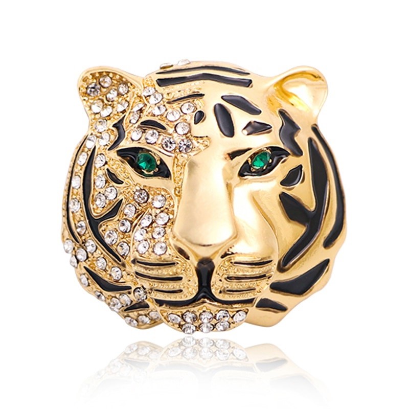 Designer Simulated Diamond Black & Gold Tiger "Green Eyes" Brooch Pin