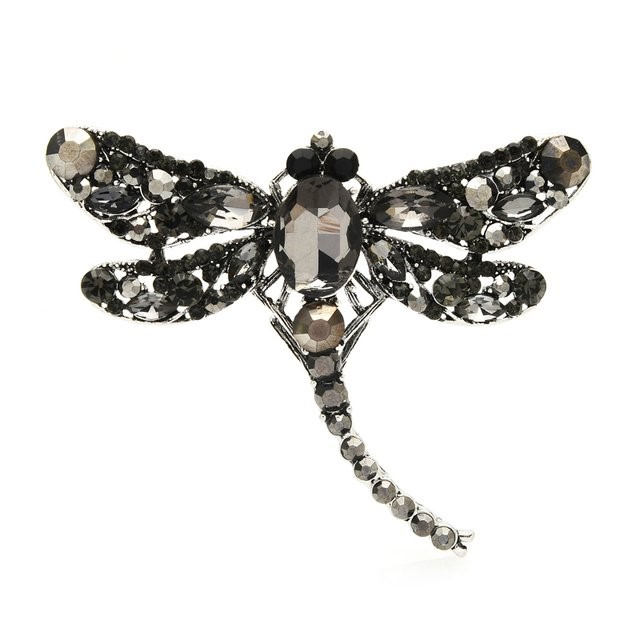 Designer Simulated Diamond Gray & Black Classic Dragonfly Brooch Pin