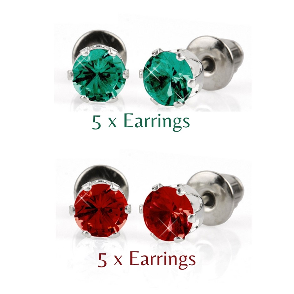 BULK PACK - 10 x 5mm Christmas Earrings (5xGreen,5xred)-Great, Gift Idea